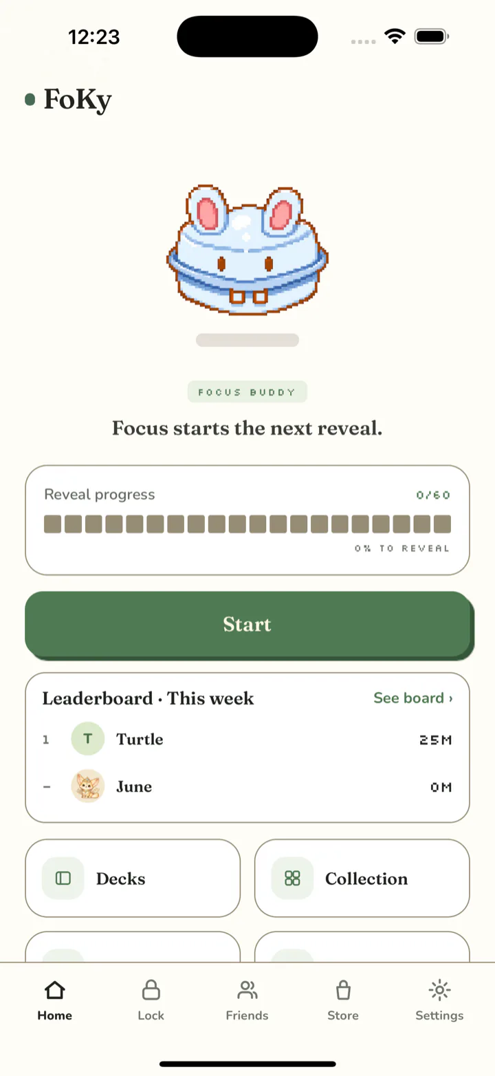 The FoKy Home screen: a focus buddy above a reveal progress bar and a Start button.
