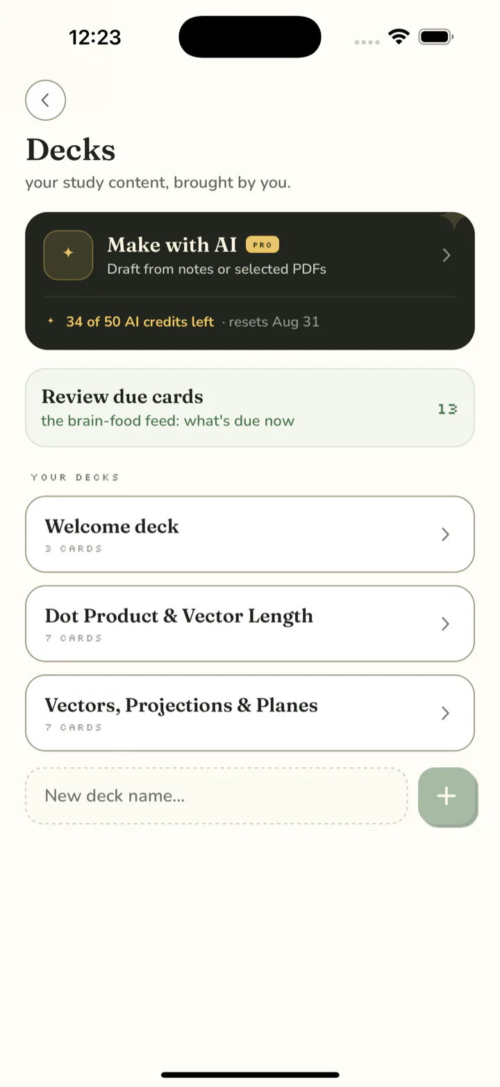 The Decks screen showing flashcard decks for real university courses.