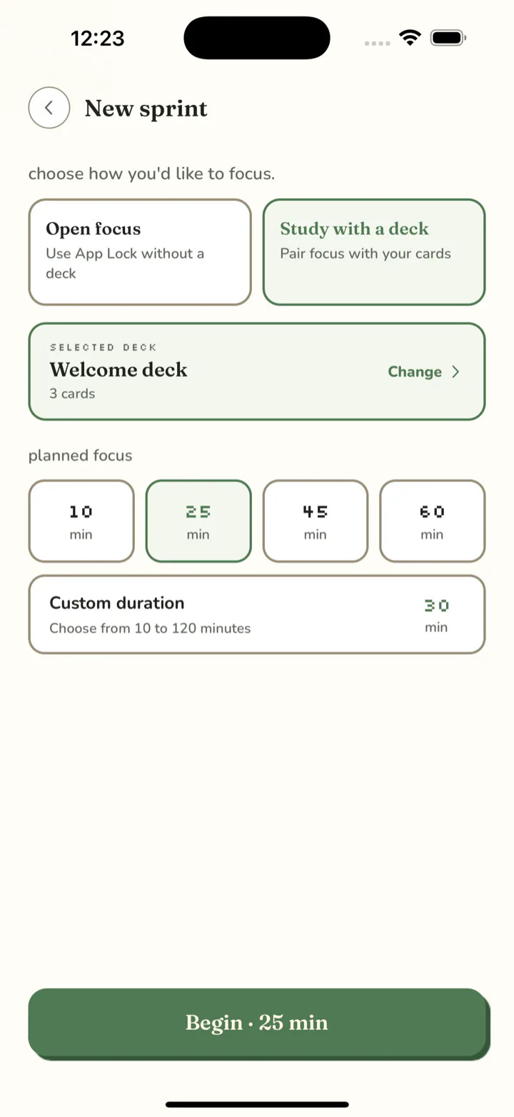 The New sprint screen offering Open focus or studying with a deck.