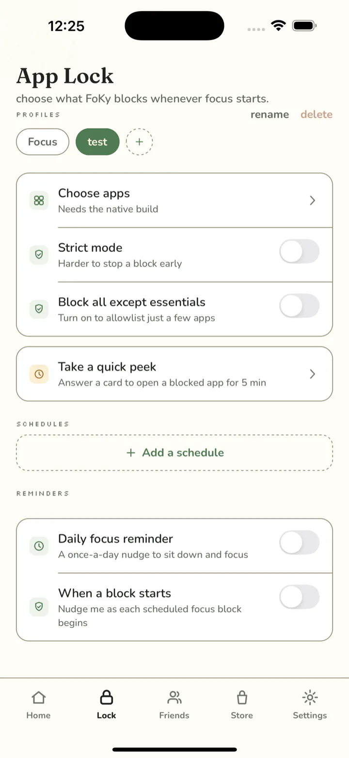 App Lock settings with profiles, Strict mode, an allowlist and schedules.